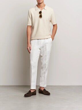 SUNSPEL Ecru Ivory 100% Cotton Pointelle Knit Short Sleeve Polo, Size L